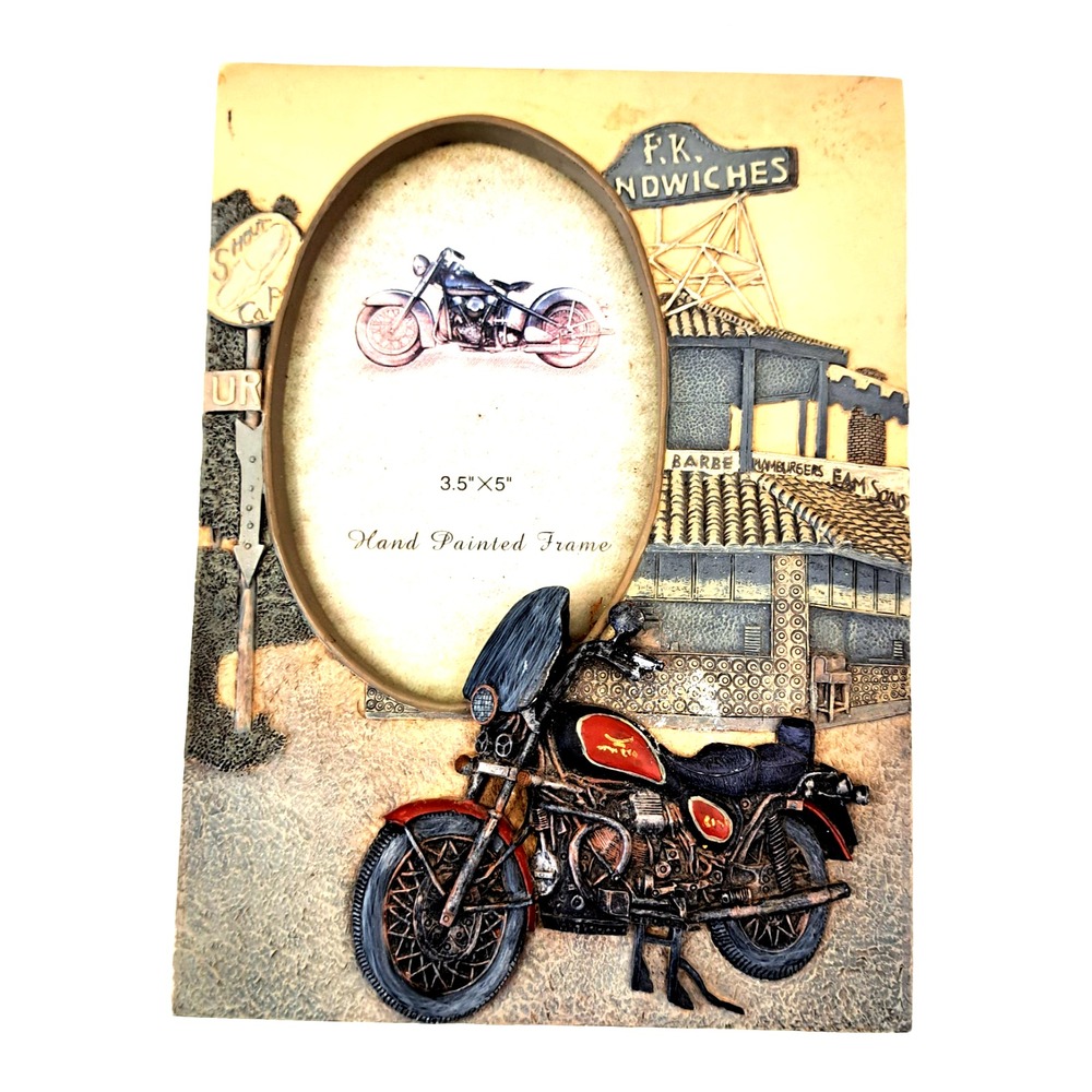 Vtg‎ Motorcycle Picture Photo Frame Hand Painted Resin Biker Decor Gift 3.5x5"